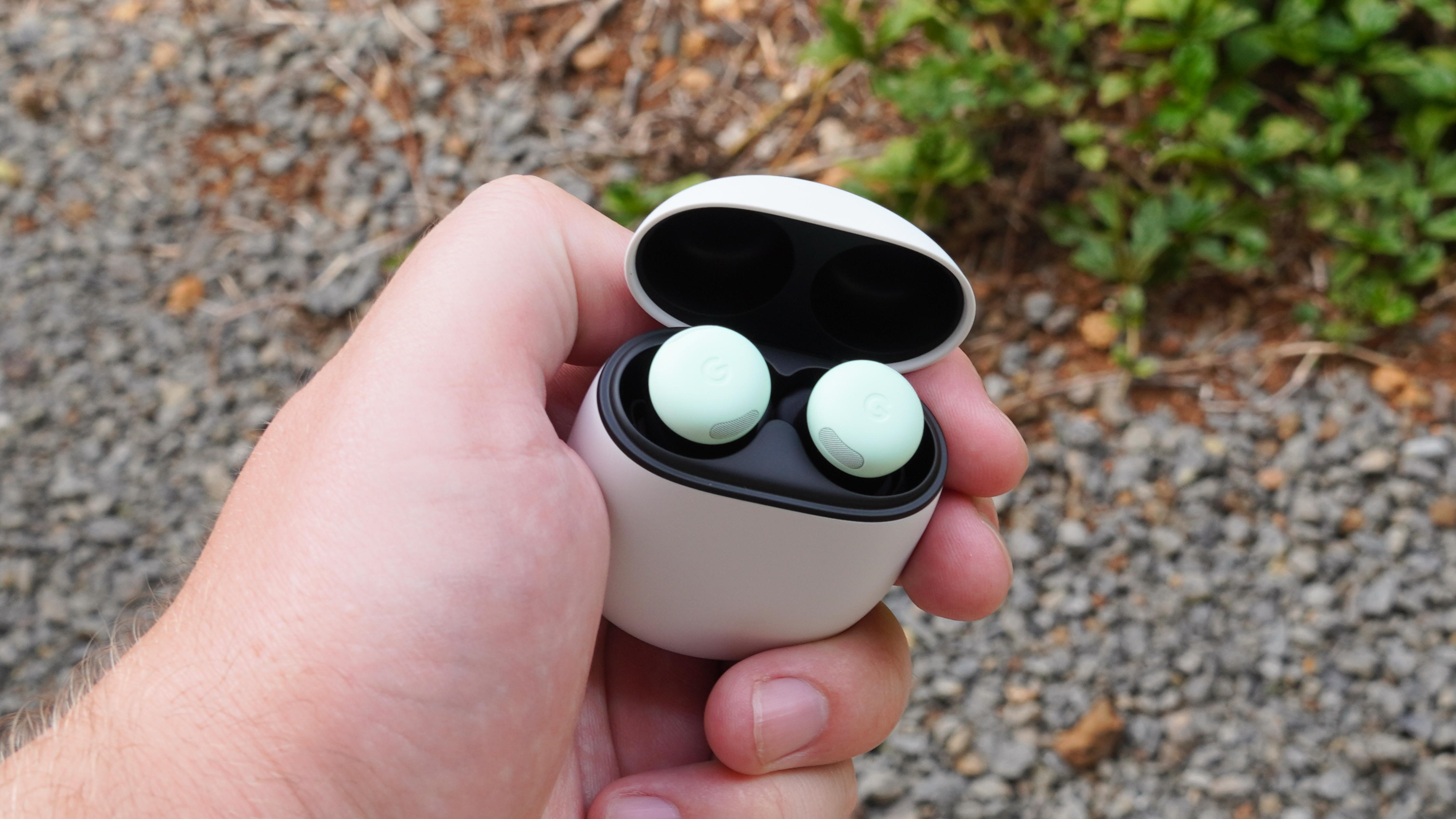The Google Pixel Buds Pro 2 in the Mint colorway.