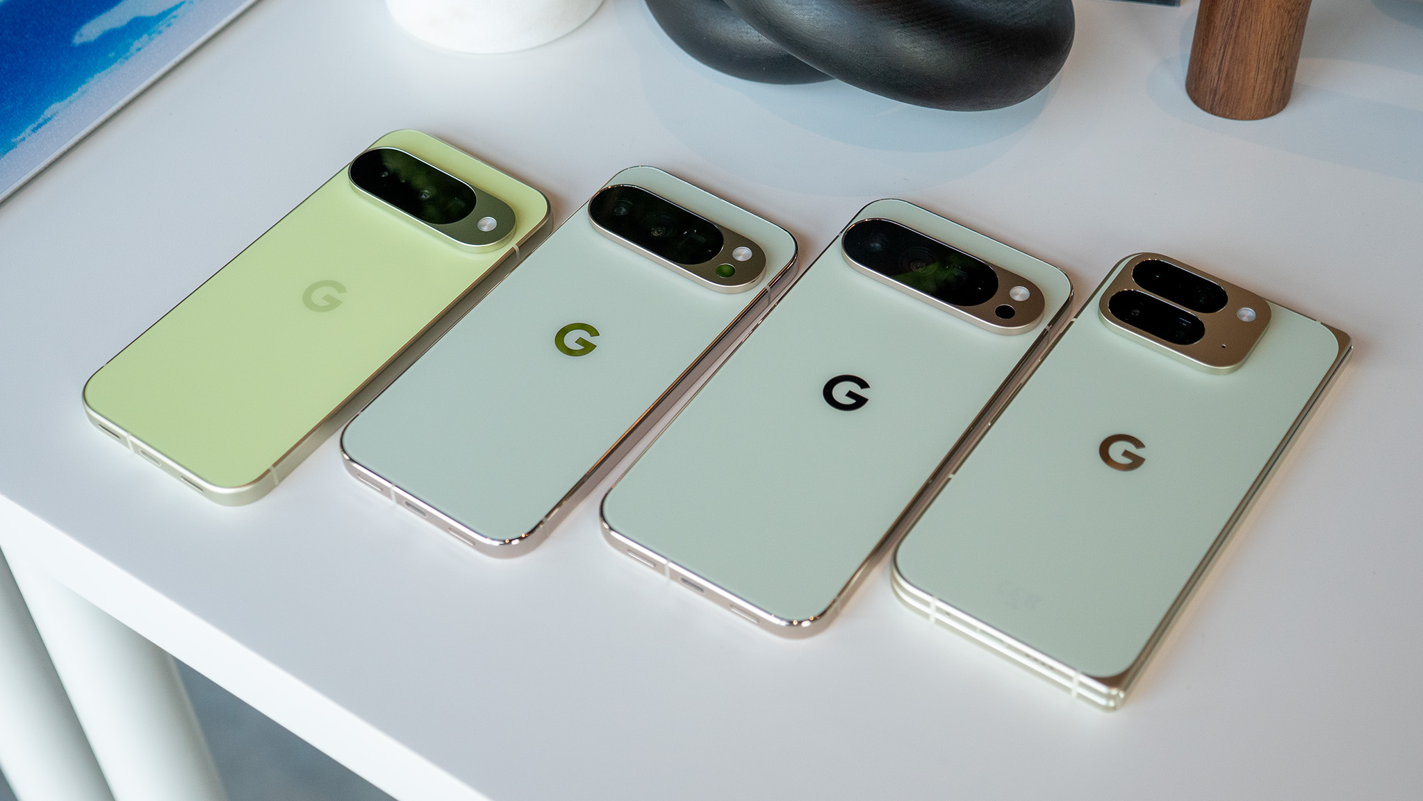 All green colorways of the Google Pixel 10, Google Pixel 10 Pro, Google Pixel 10 Pro XL, and Google Pixel 10 Pro Fold