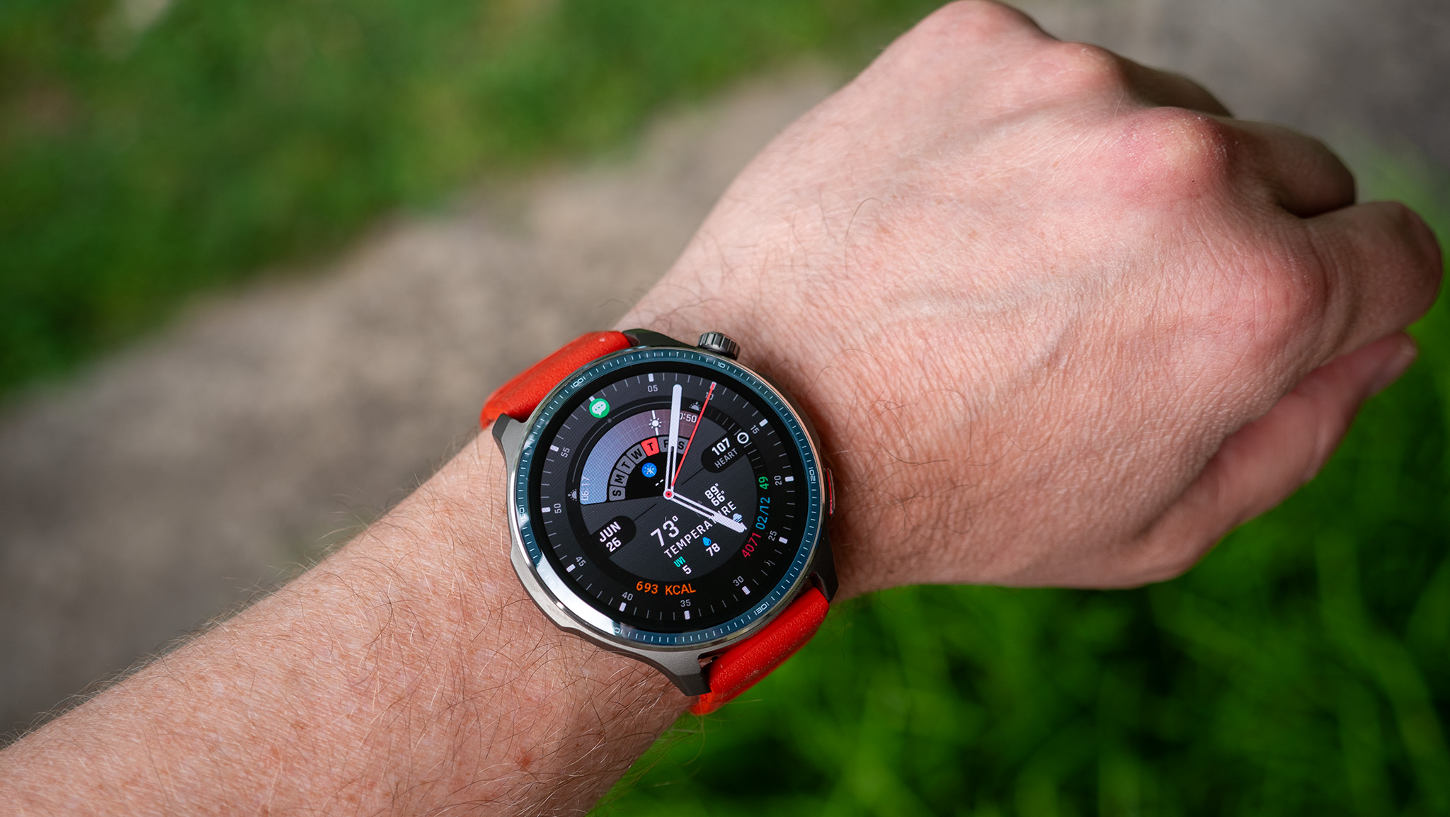 The Amazfit Balance 2 smartwatch with an orange band