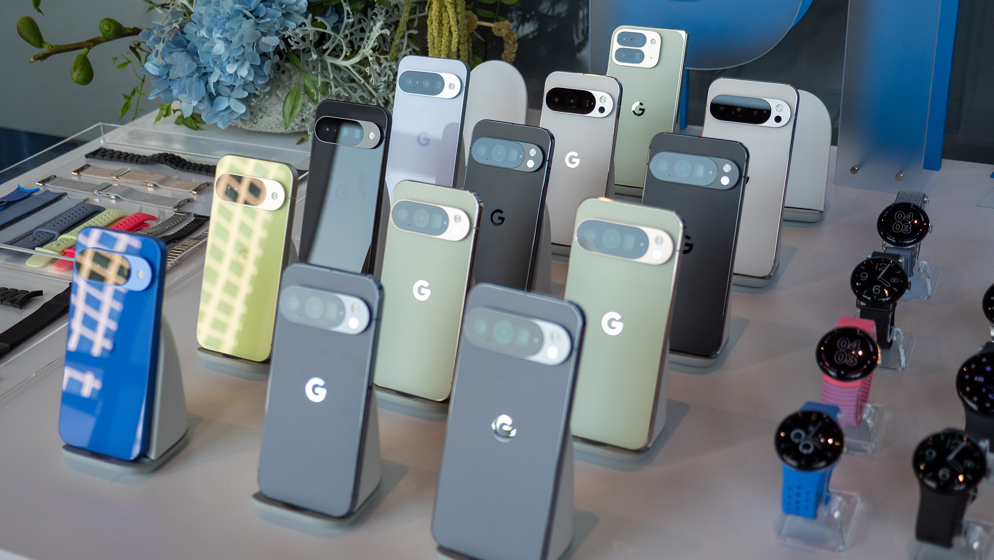 All available colorways of the Google Pixel 10, Google Pixel 10 Pro, and Google Pixel 10 Pro XL. One Jade Google Pixel 10 Pro Fold is in the back