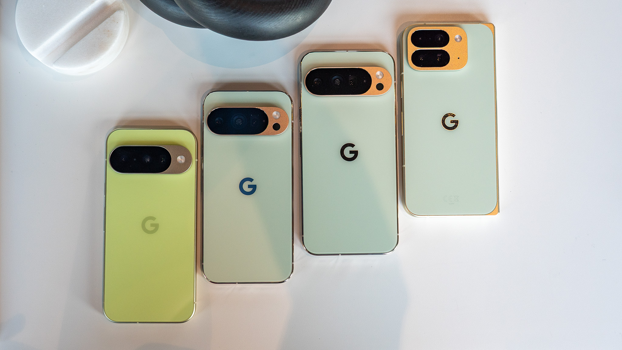 All green colorways of the Google Pixel 10, Google Pixel 10 Pro, Google Pixel 10 Pro XL, and Google Pixel 10 Pro Fold